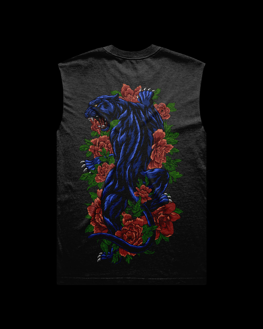 Black sleeveless shirt with a blue panther and red roses design