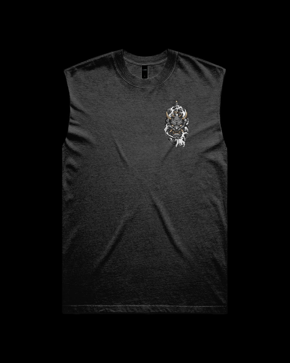 Black sleeveless shirt with a pierced oni mask and irezumi detail