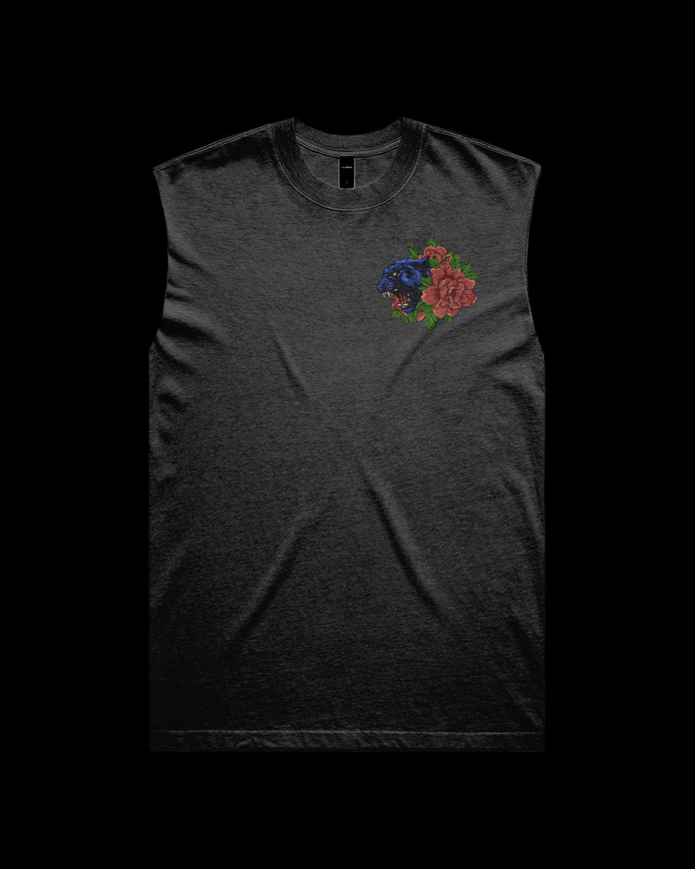 Black sleeveless shirt with a blue panther and red roses design