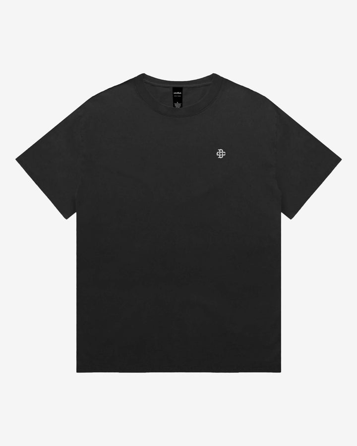 faded black tee front view