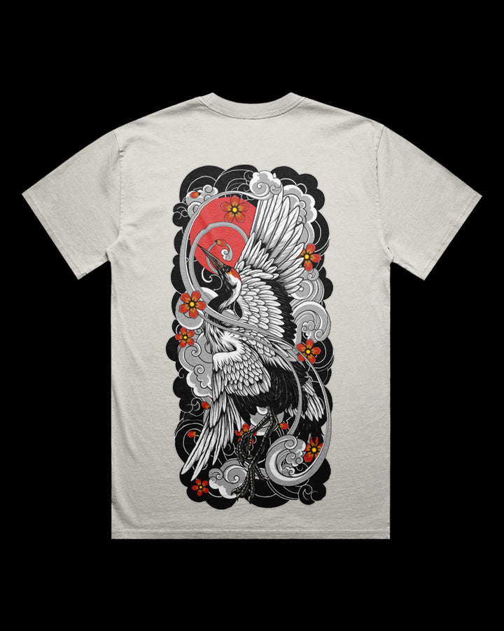 Faded T-shirt featuring Japanese Irezumi-style crane artwork
