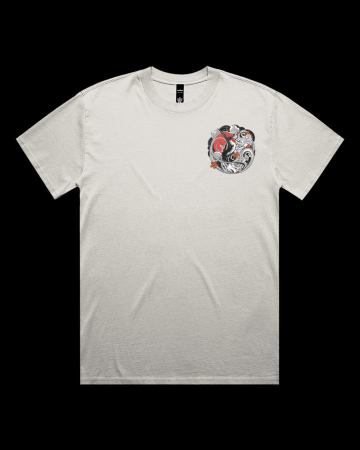 Faded T-shirt featuring Japanese Irezumi-style crane artwork