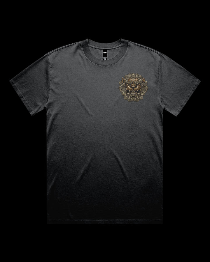 Faded T-shirt featuring Japanese Irezumi-style komainu head