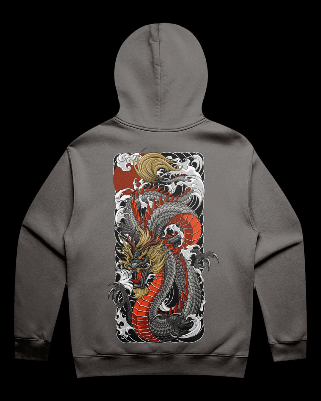 grey hoodie with a dragon design 