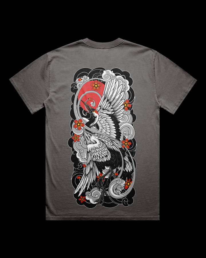 Faded T-shirt featuring Japanese Irezumi-style crane artwork