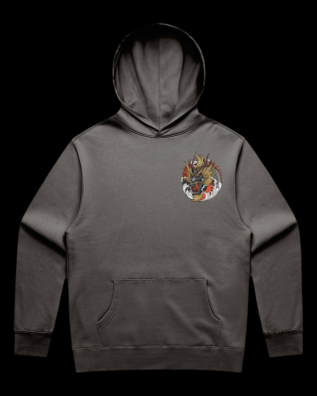 grey hoodie with a dragon design 