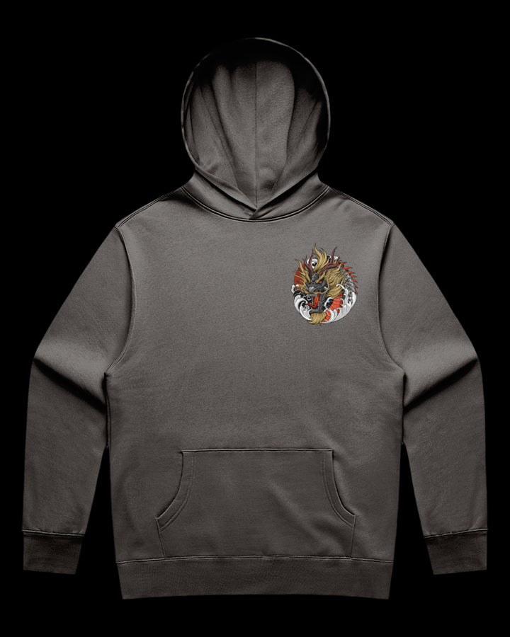 grey hoodie with a dragon design 