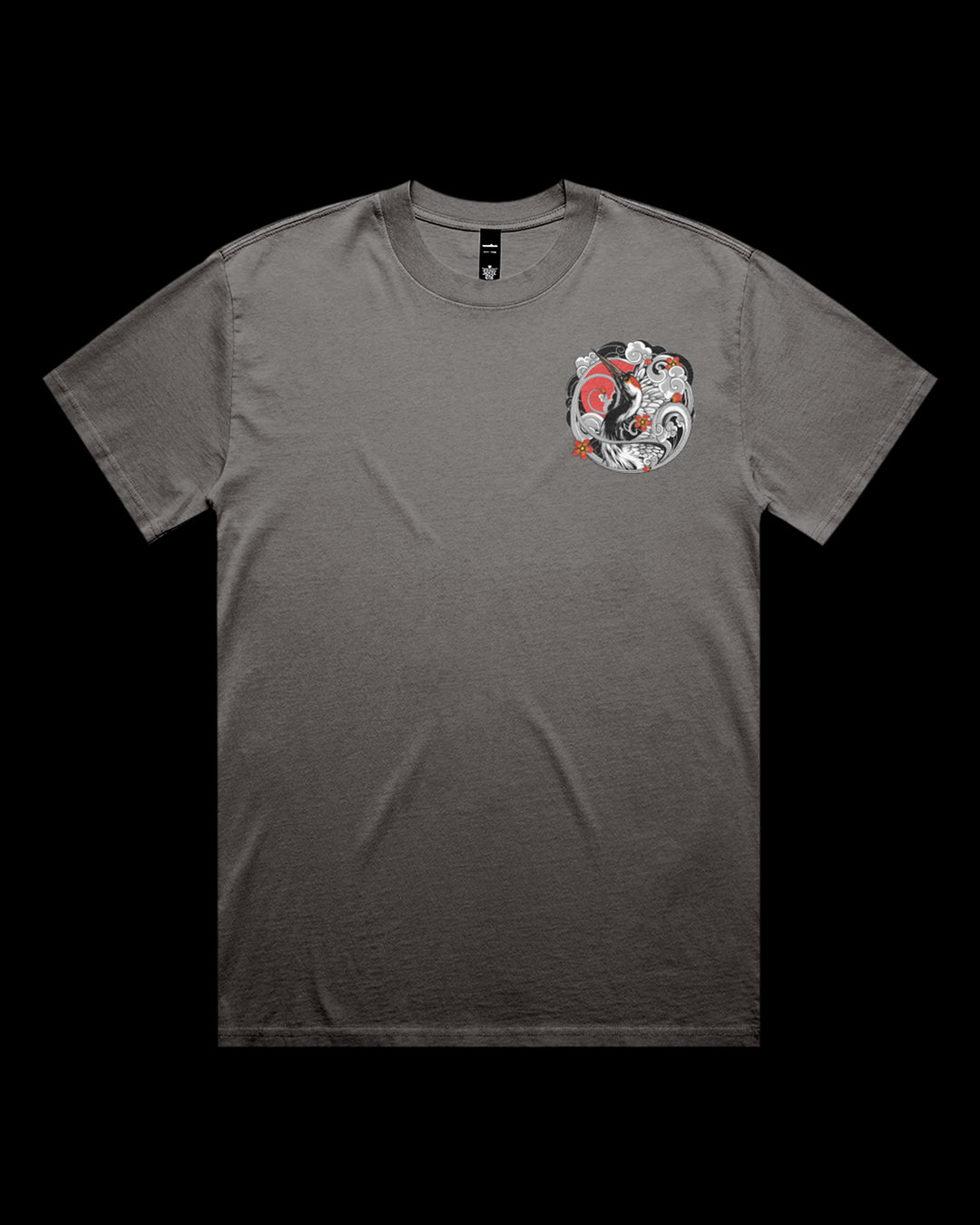 Faded T-shirt featuring Japanese Irezumi-style crane artwork