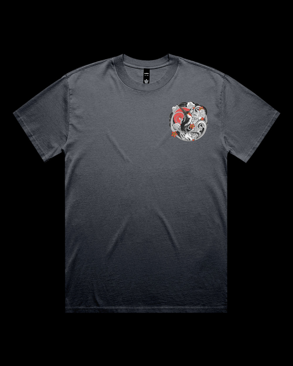 Faded T-shirt featuring Japanese Irezumi-style crane artwork