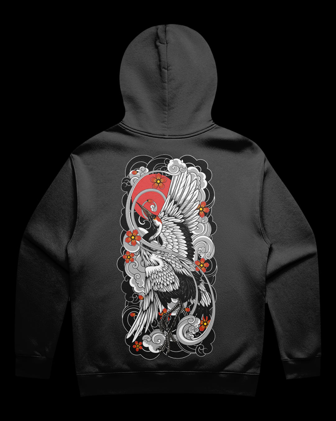faded black hoodie with crane and detailed irezumi embelishments
