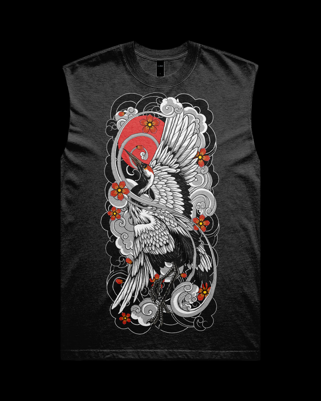 Black sleeveless shirt with a detailed whitecrane design on a black background