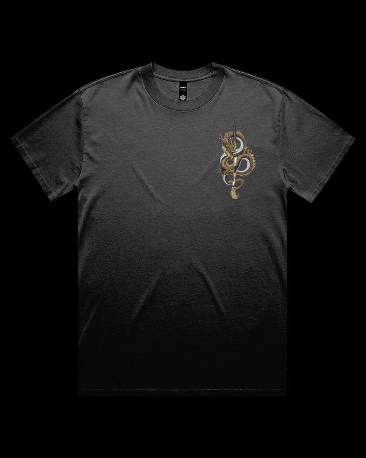 faded black t-shirt with a gold dragon coiled around a katana printed on the left chest