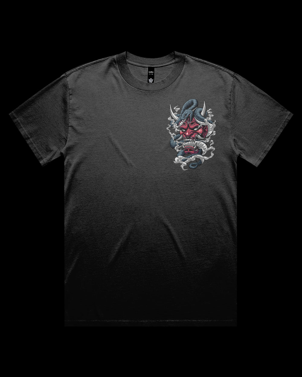 faded Black t-shirt with a hannya mask and snake on the left chest