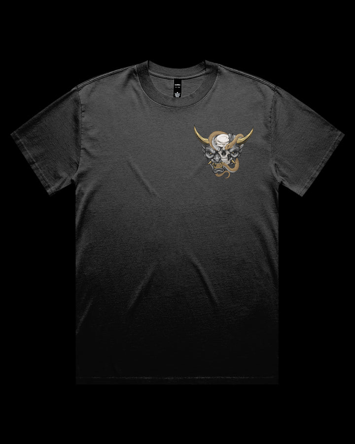 Black t-shirt with a hannya  mask design on left chest