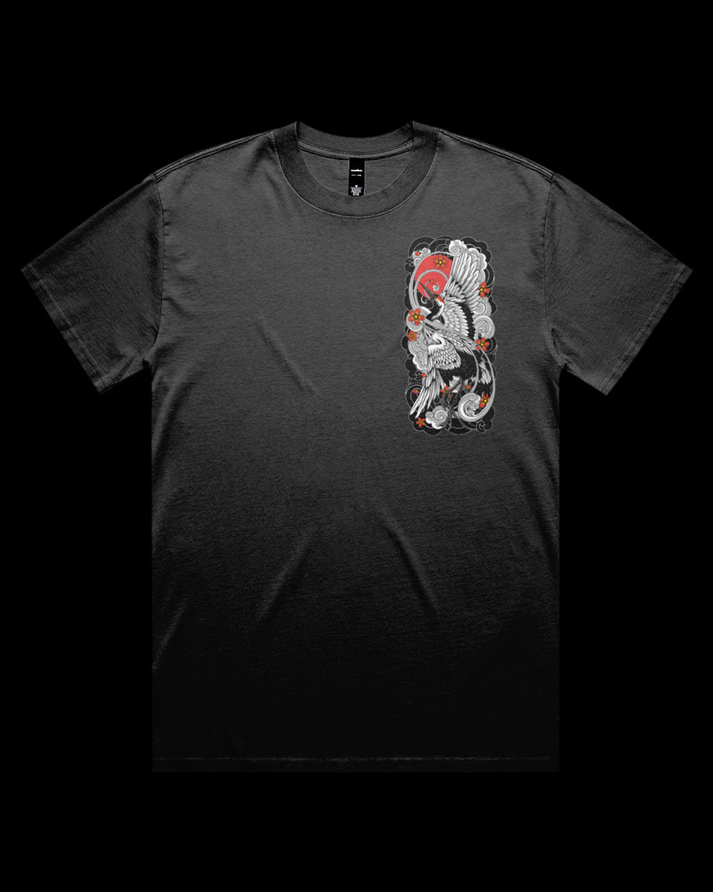 faded Black t-shirt with a crane design on left chest