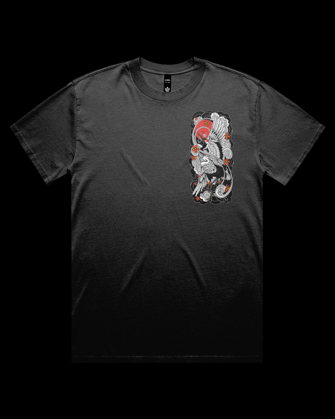 faded Black t-shirt with a crane design on left chest