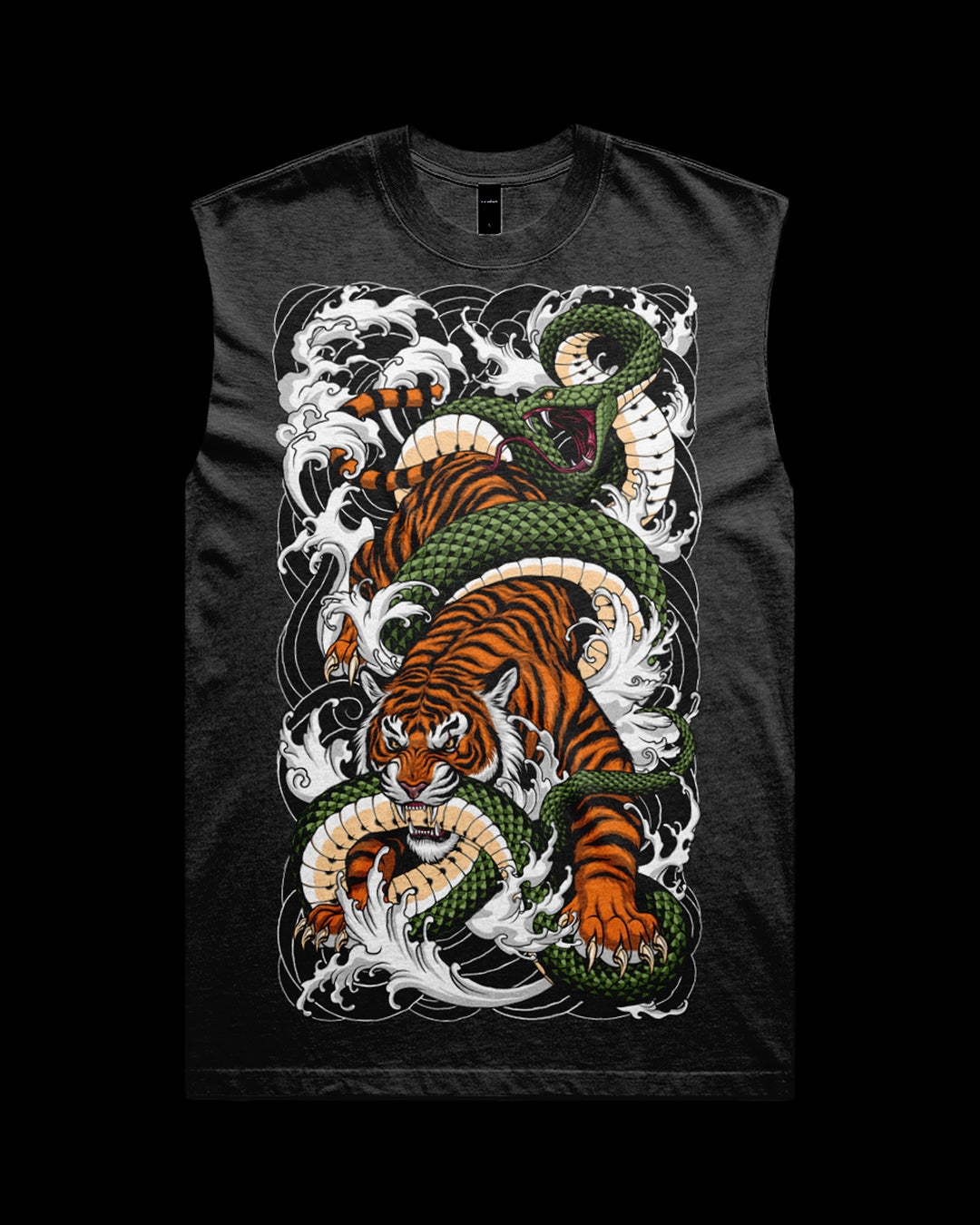 black tank with tiger battling serpent graphic