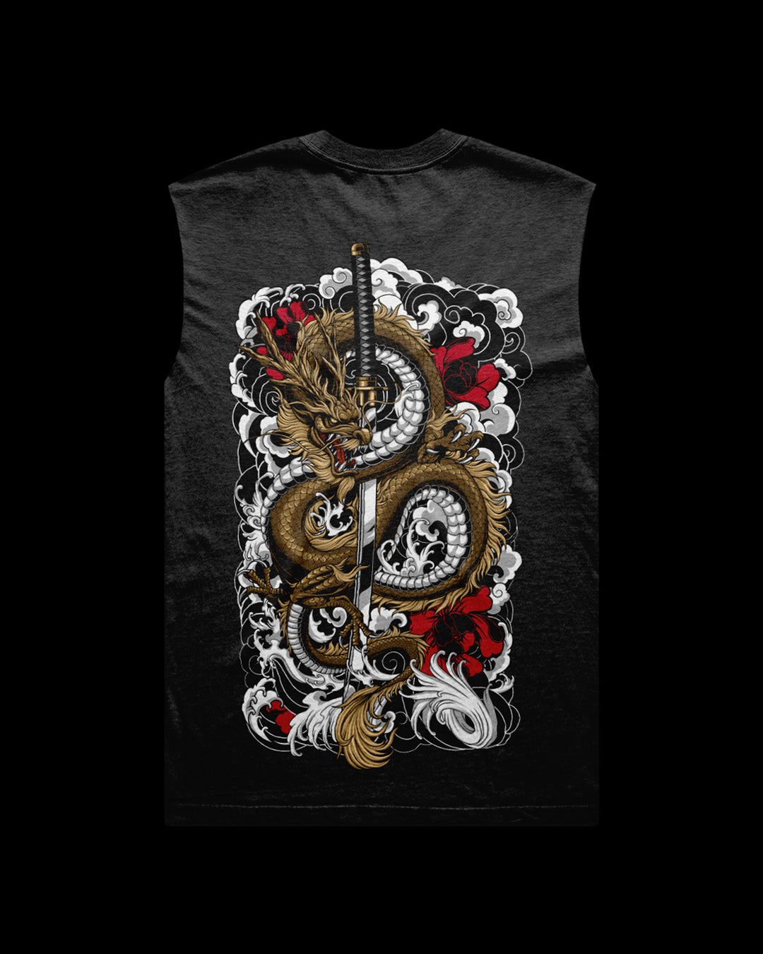 faded black sleeveless shirt with dragon katana and irezumi detail print