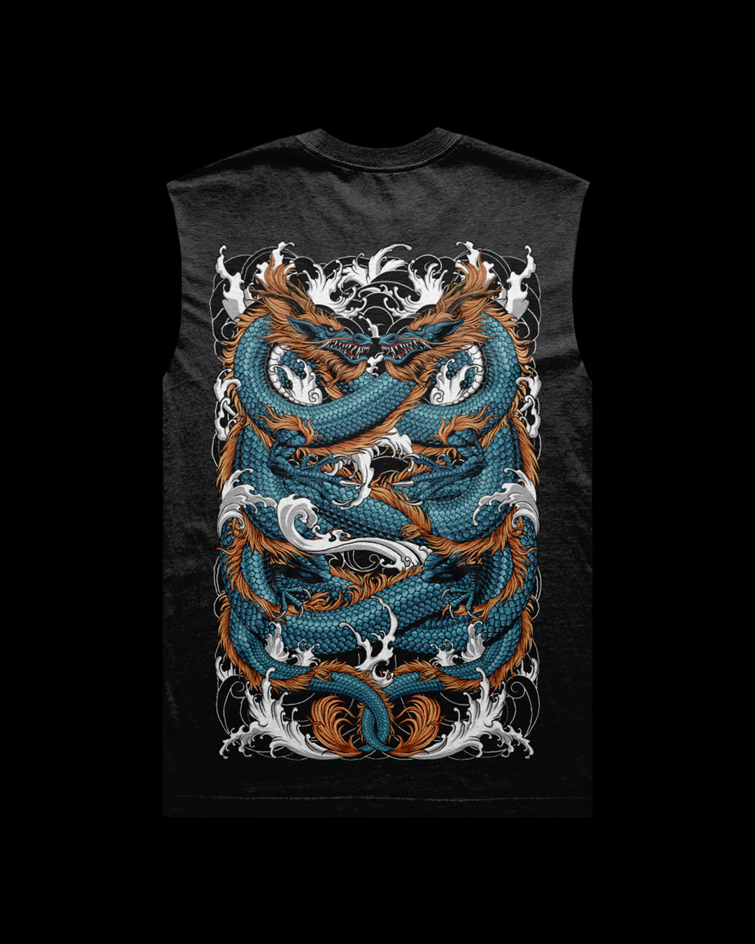 faded black sleeveless shirt with dragons and irezumi detail print