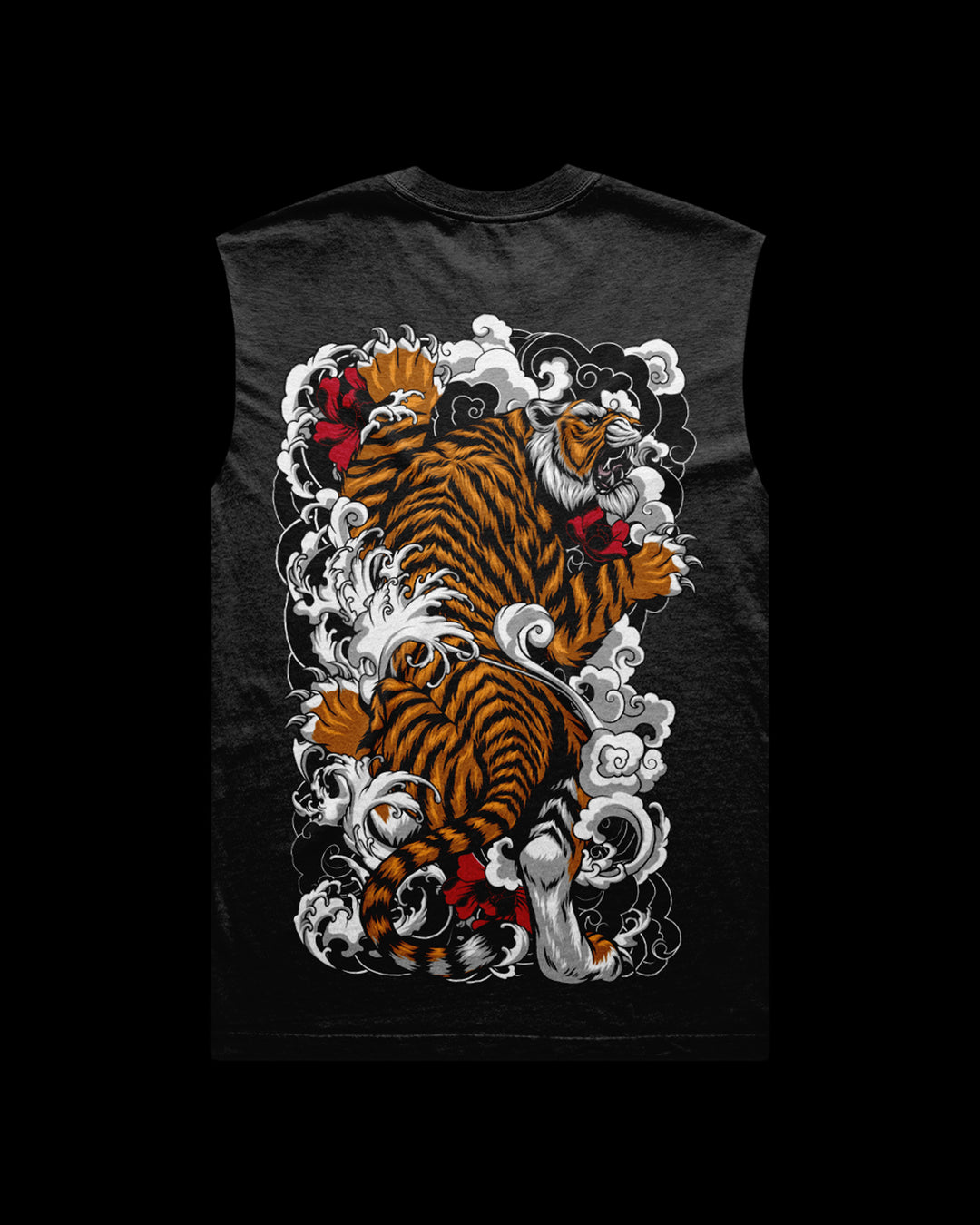 faded black sleeveless shirt with a pierced tiger and irezumi detail print