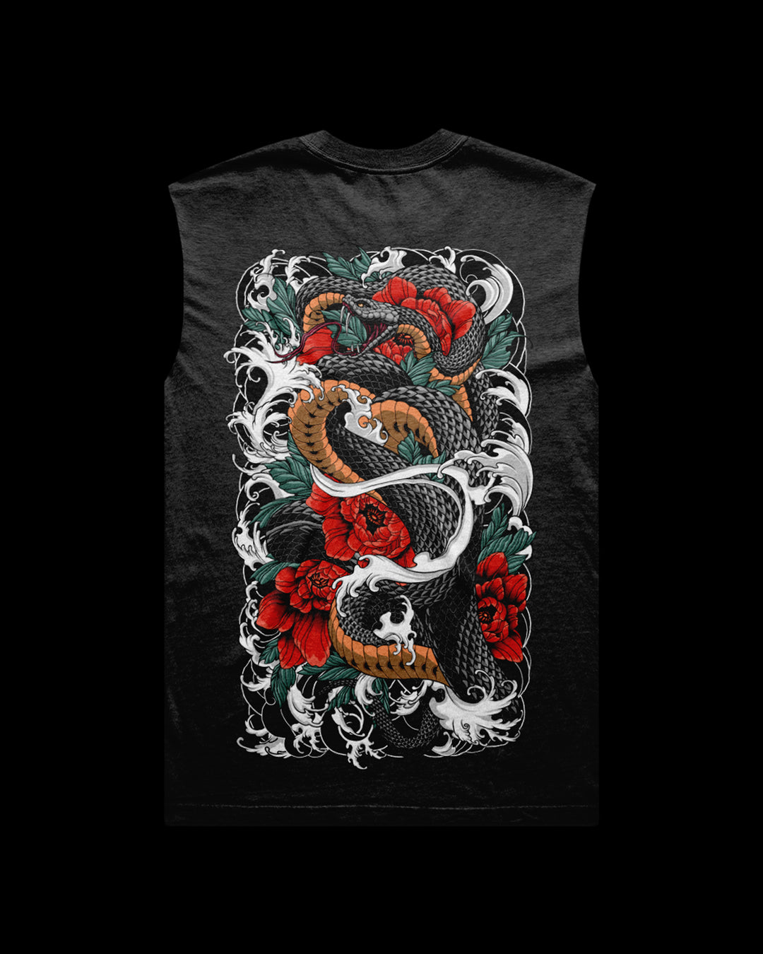 faded black sleeveless shirt with snake and irezumi detail print