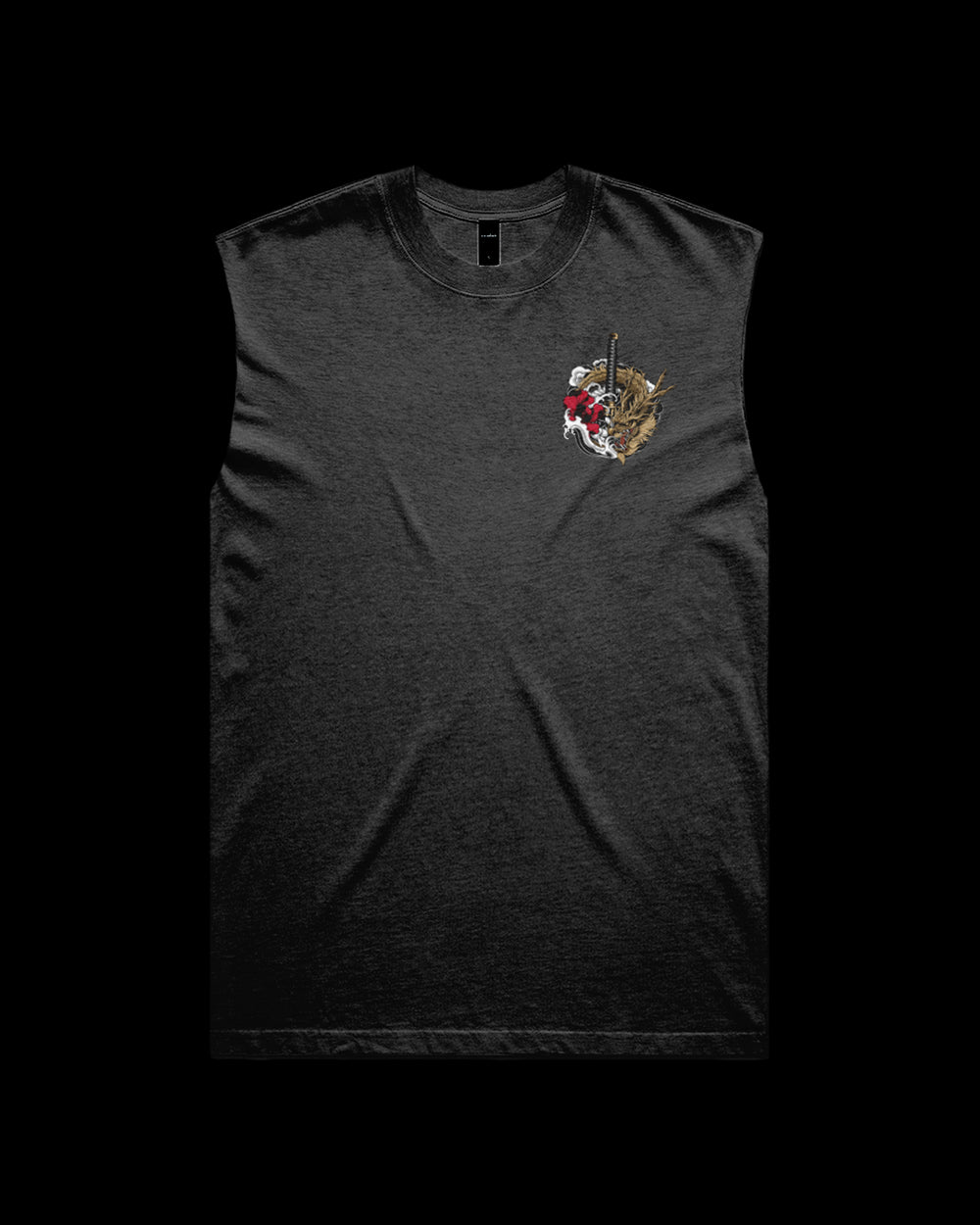 faded black sleeveless shirt with dragon katana and irezumi detail print