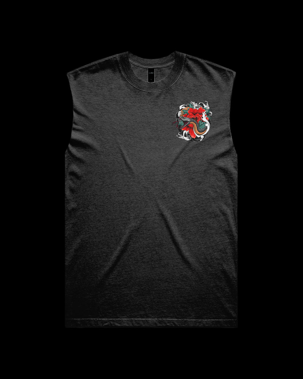 faded black sleeveless shirt with snake and irezumi detail print