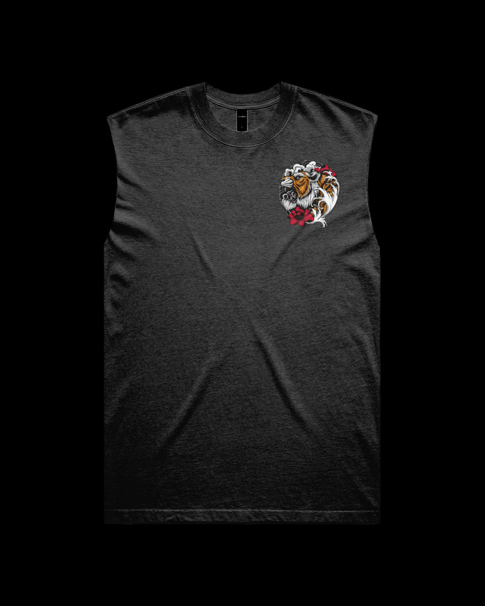 faded black sleeveless shirt with a pierced tiger and irezumi detail print