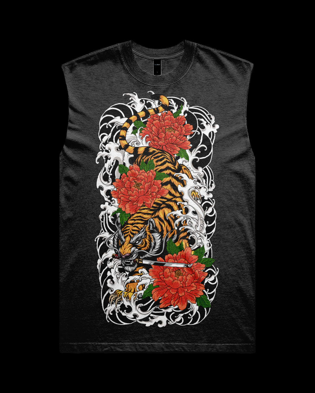 Black sleeveless shirt with a tiger and floral design