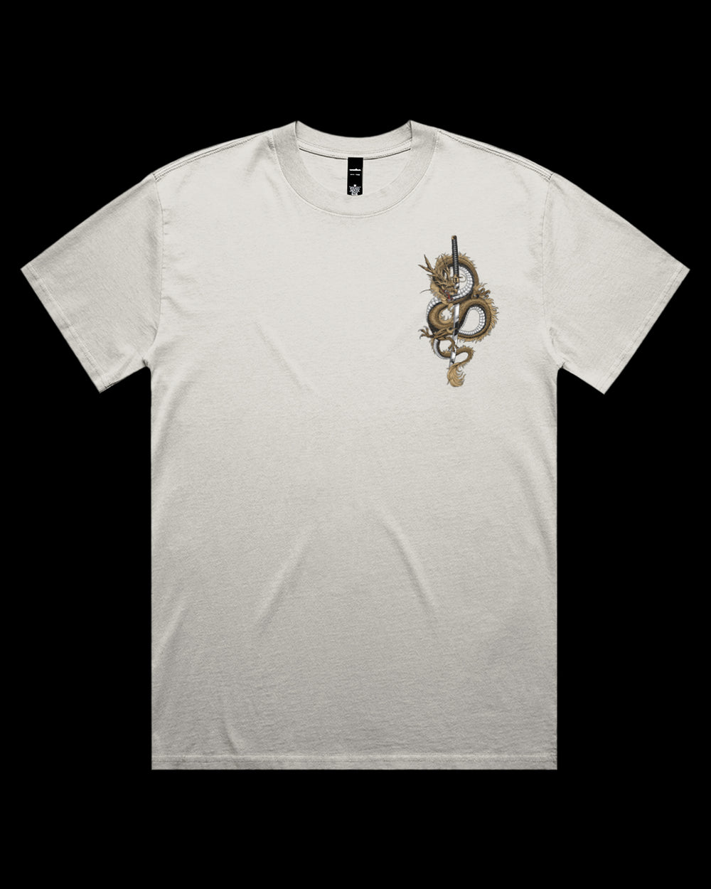 faded bone t-shirt with a gold dragon coiled around a katana printed on the left chest