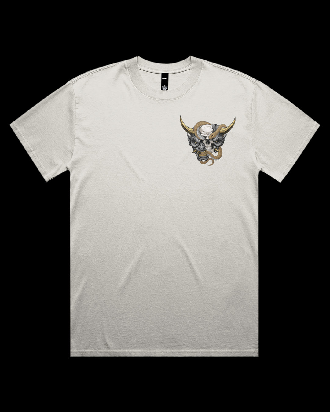 faded bone t-shirt with a hannya  mask design on left chest