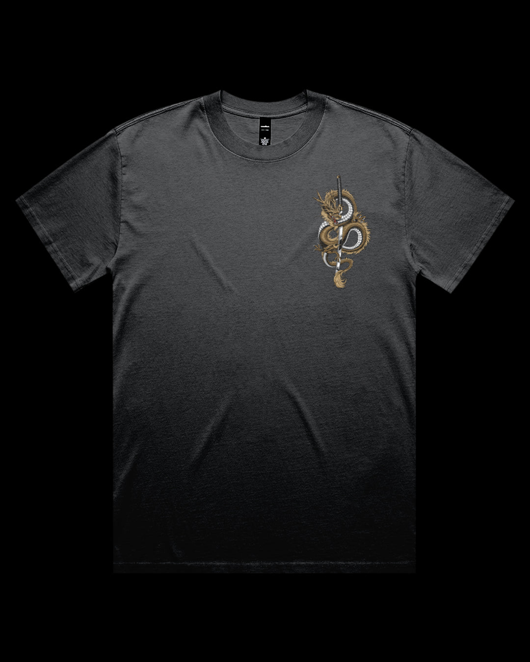 faded coal t-shirt with a gold dragon coiled around a katana printed on the left chest
