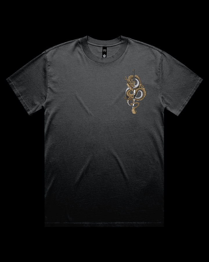faded coal t-shirt with a gold dragon coiled around a katana printed on the left chest