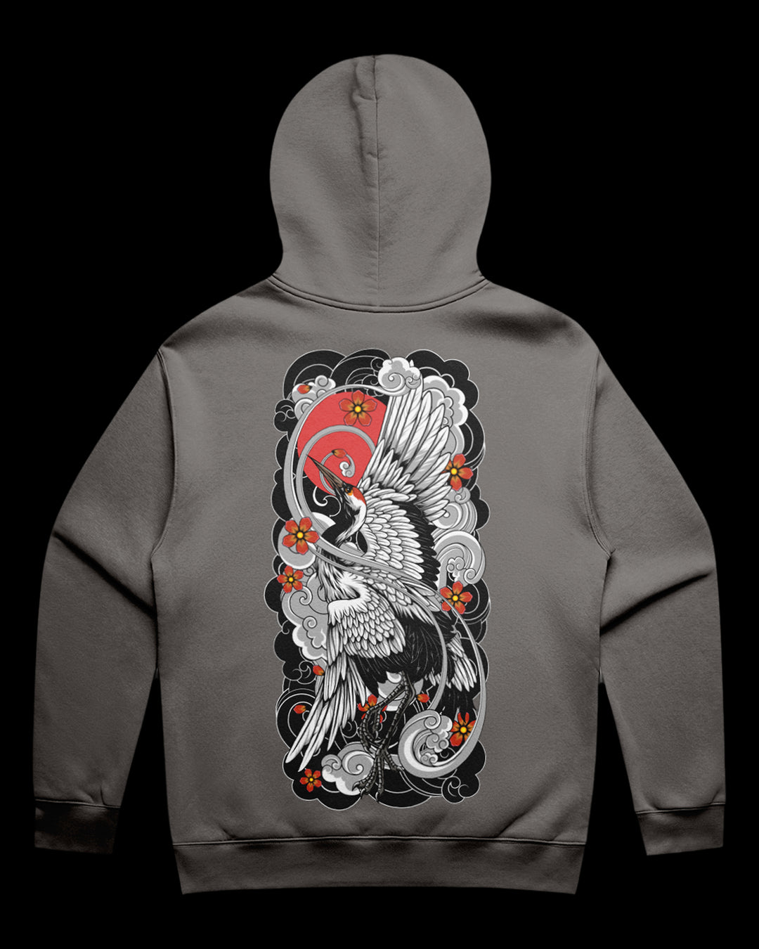 faded grey hoodie with crane and detailed irezumi embelishments