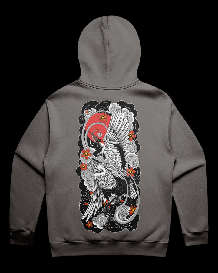 faded grey hoodie with crane and detailed irezumi embelishments