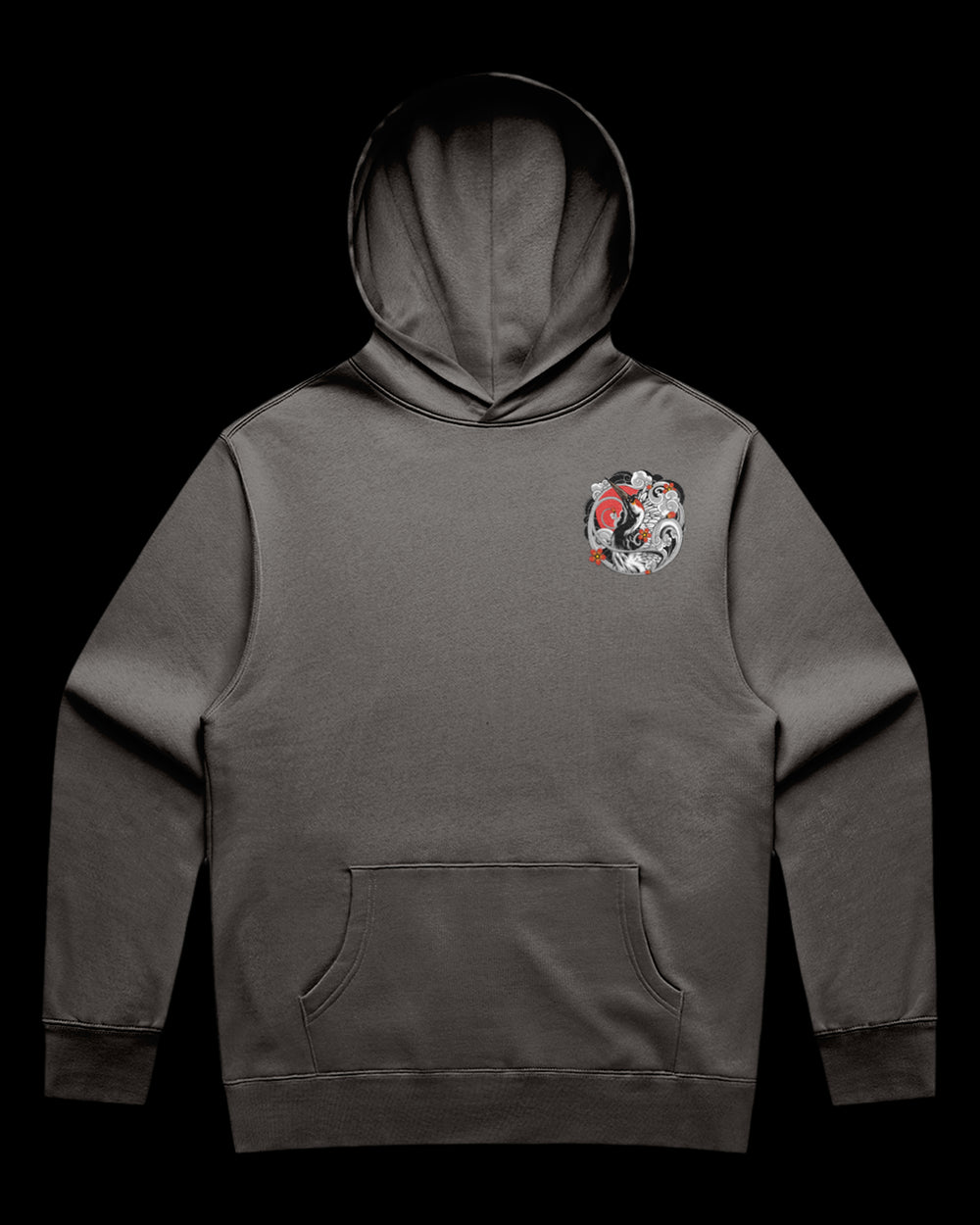 faded grey hoodie with crane and detailed irezumi embelishments