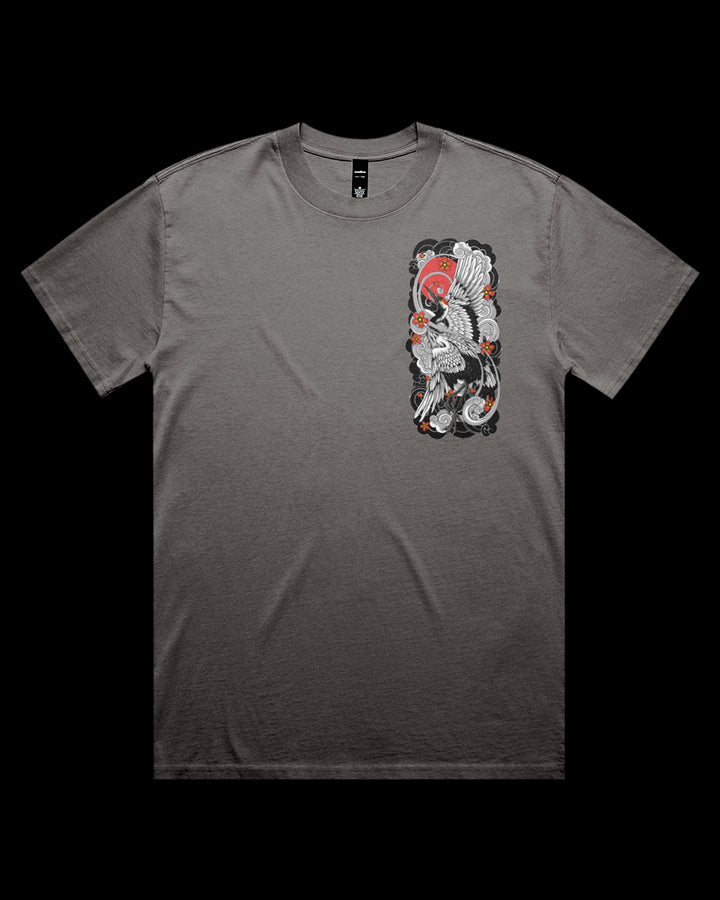 faded Gray t-shirt with a crane design on left chest