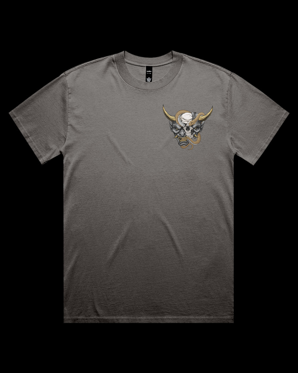 faded grey t-shirt with a hannya  mask design on left chest
