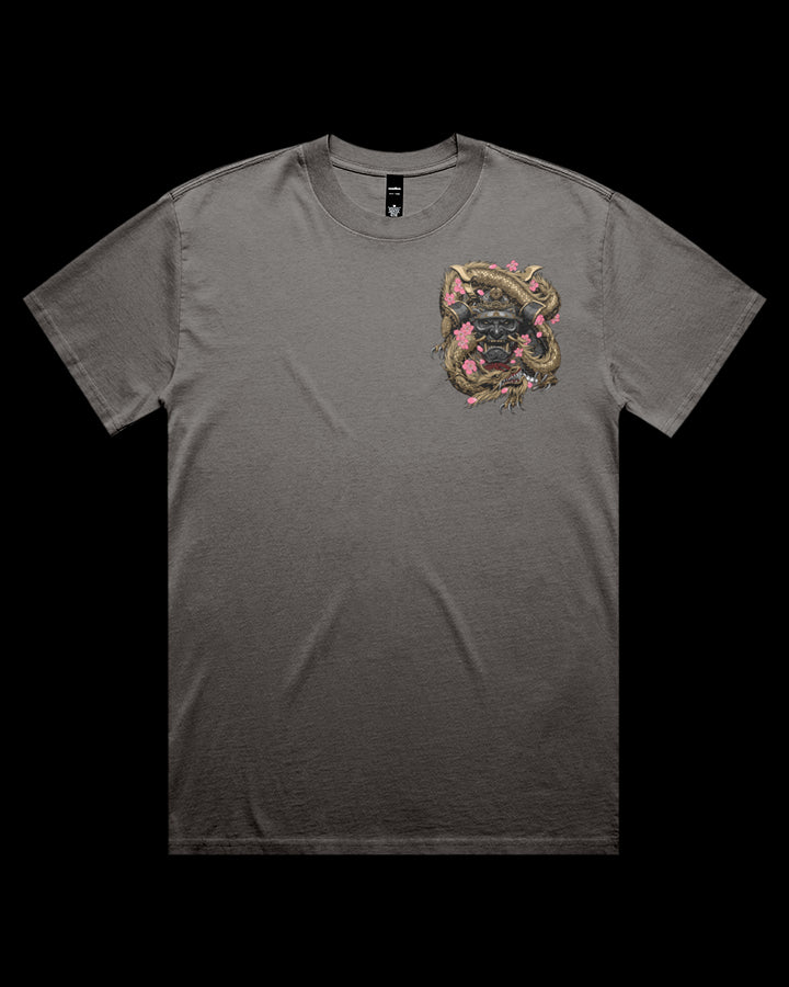 faded grey t-shirt with a samurai and dragon graphic on left chest