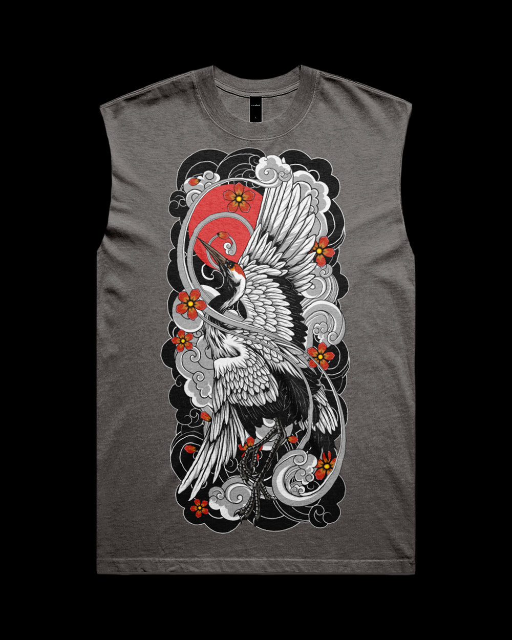 Gray sleeveless shirt with a white bird design on a black background