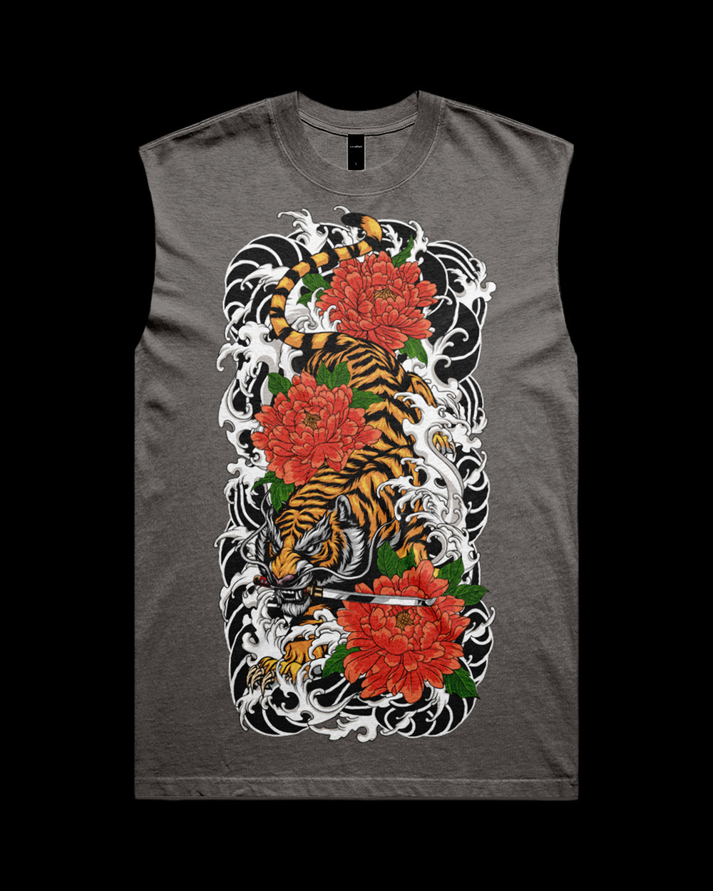 Gray sleeveless shirt with a tiger and floral design