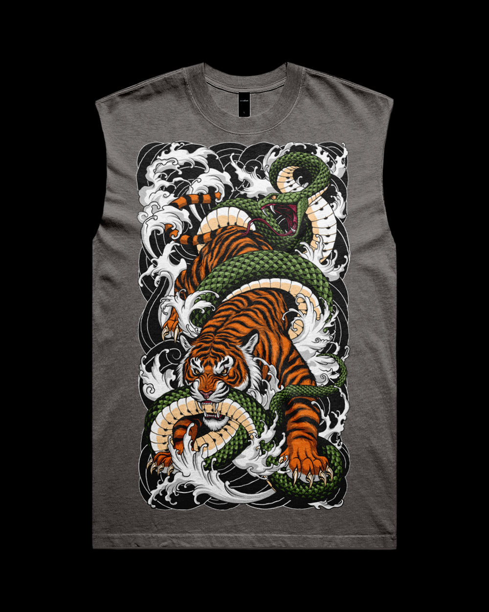 grey tank with tiger battling serpent graphic