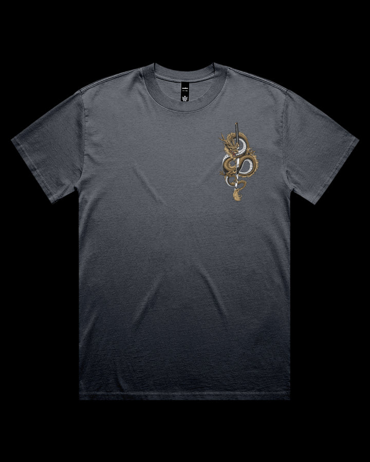 faded indigo t-shirt with a gold dragon coiled around a katana printed on the left chest