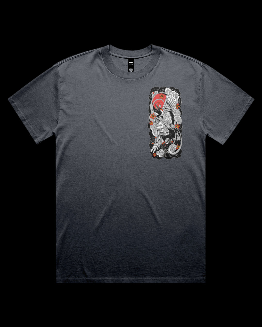 faded Indigo t-shirt with a crane design on left chest