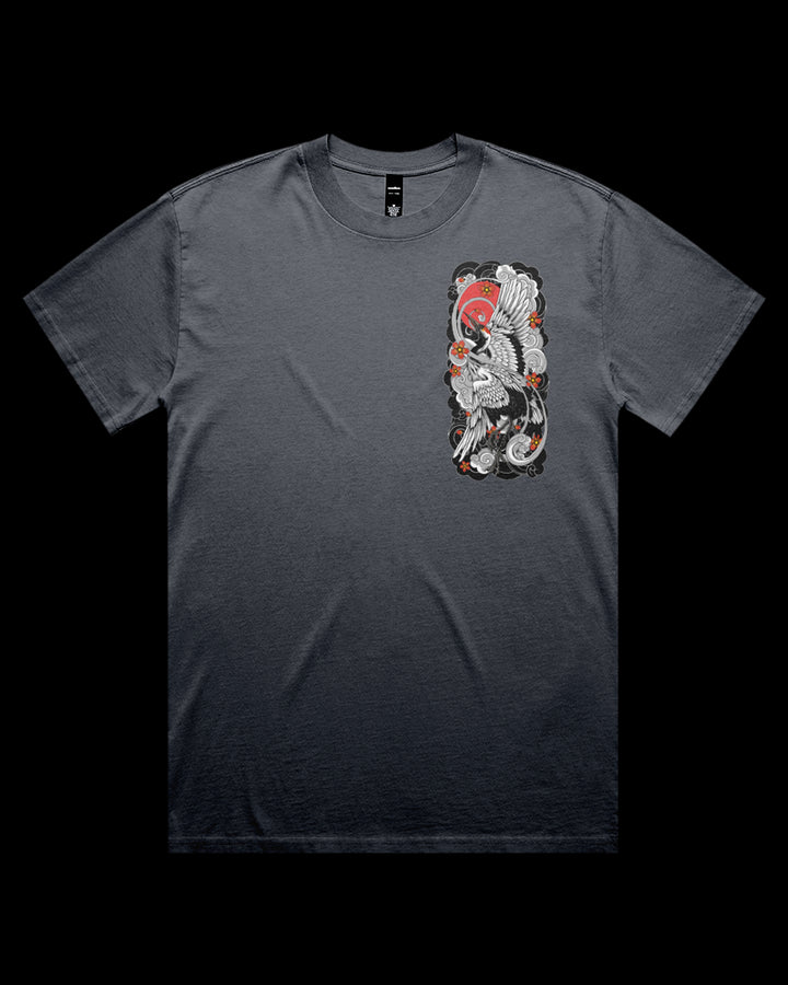 faded Indigo t-shirt with a crane design on left chest