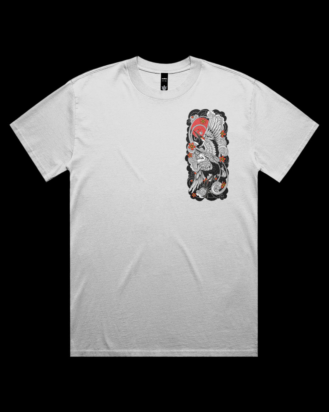 faded white t-shirt with a crane design on left chest