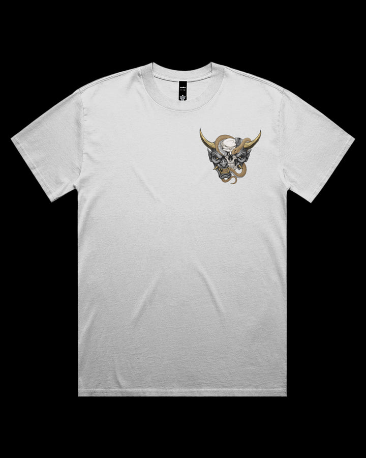 faded white tee with a hannya  mask design on left chest
