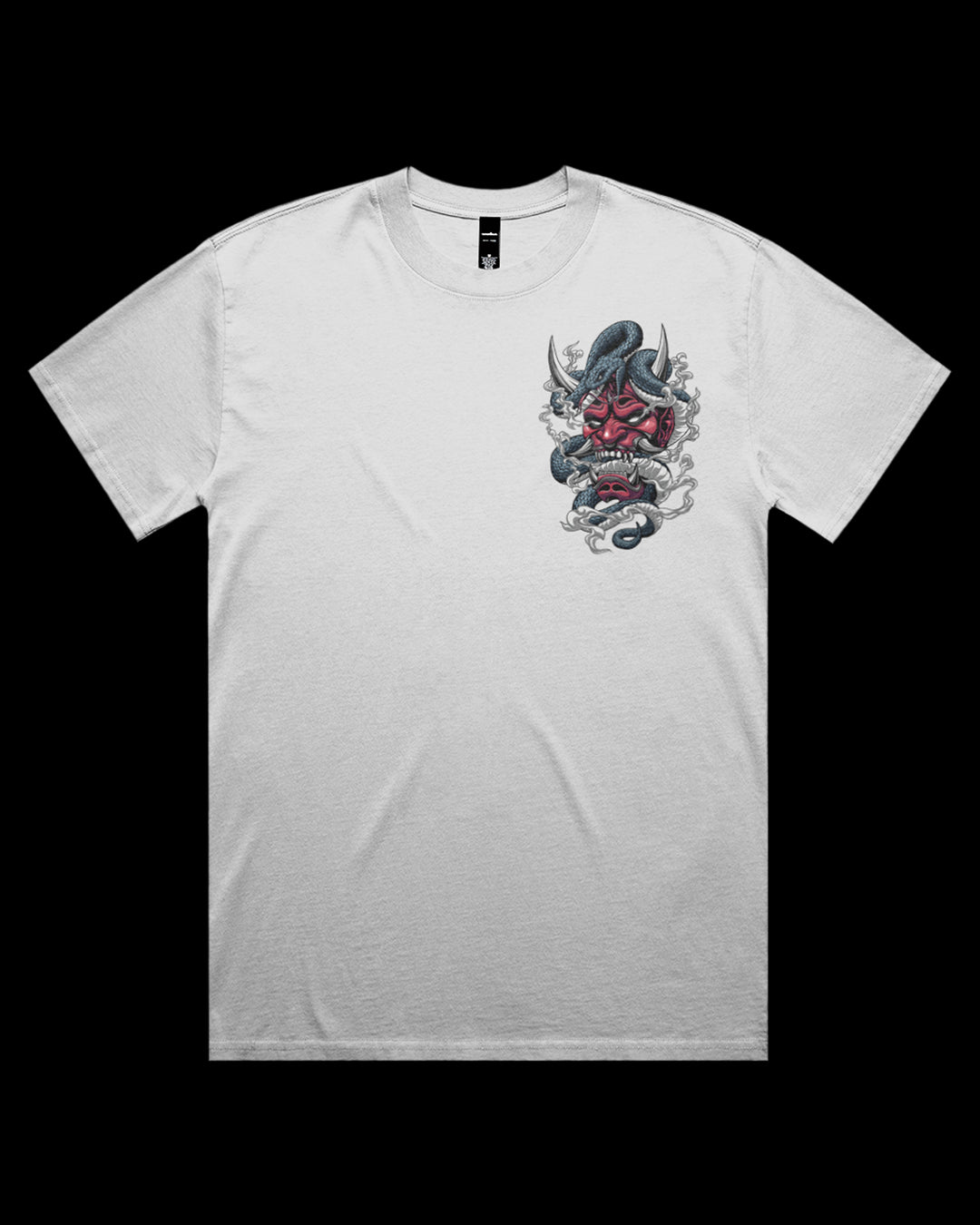 faded White t-shirt with a hannya mask and snake on the left chest