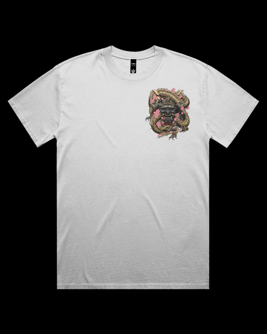 faded white t-shirt with a samurai and dragon graphic on left chest
