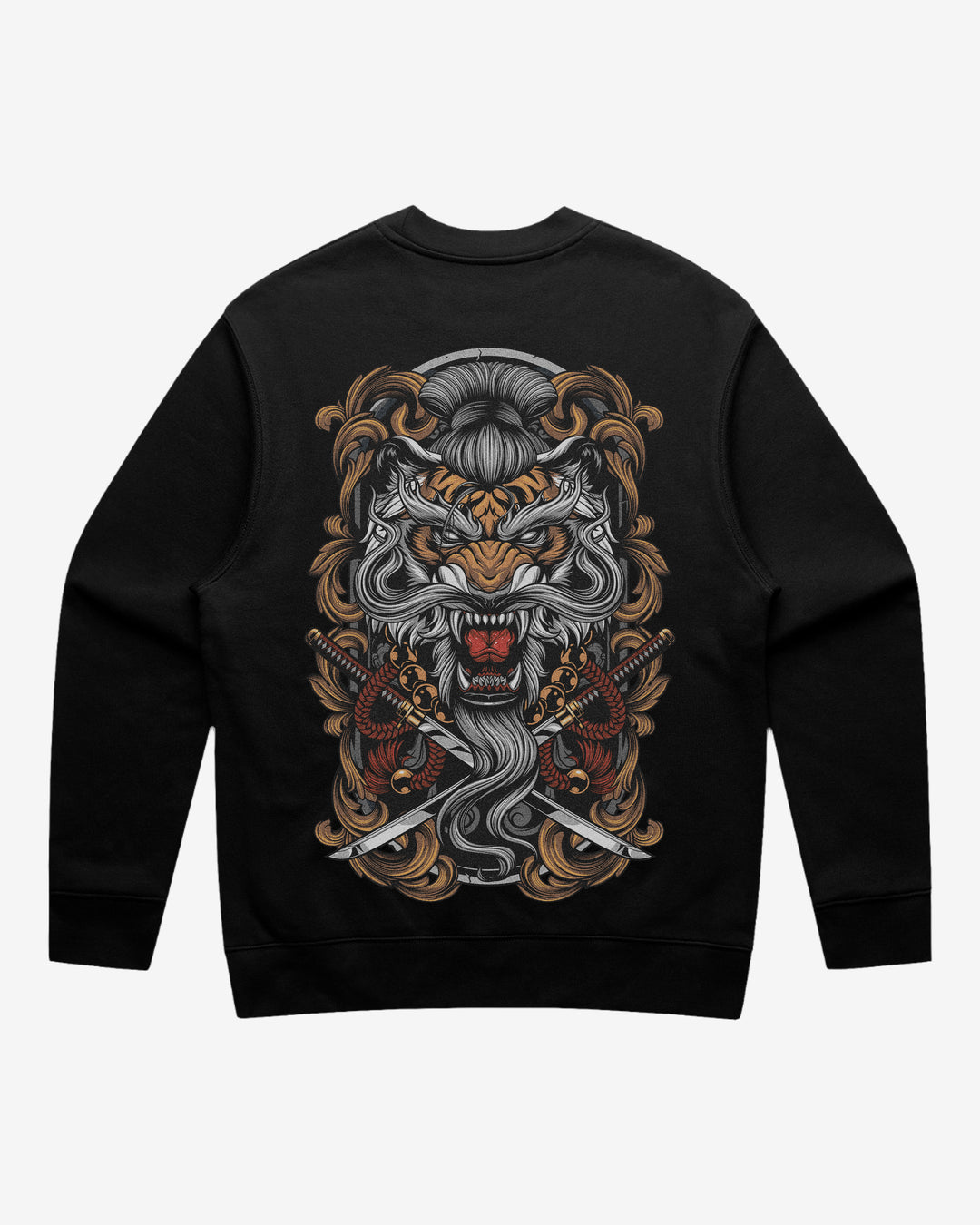 Black graphic sweatshirt with a detailed tiger and crossed swords design on the back.